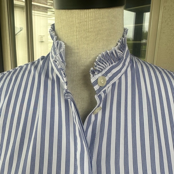 J CREW ⛵️ Women’s Navy & White Stripe Ruffled Collar All Cotton Blouse - Sz XXS - Picture 4 of 13